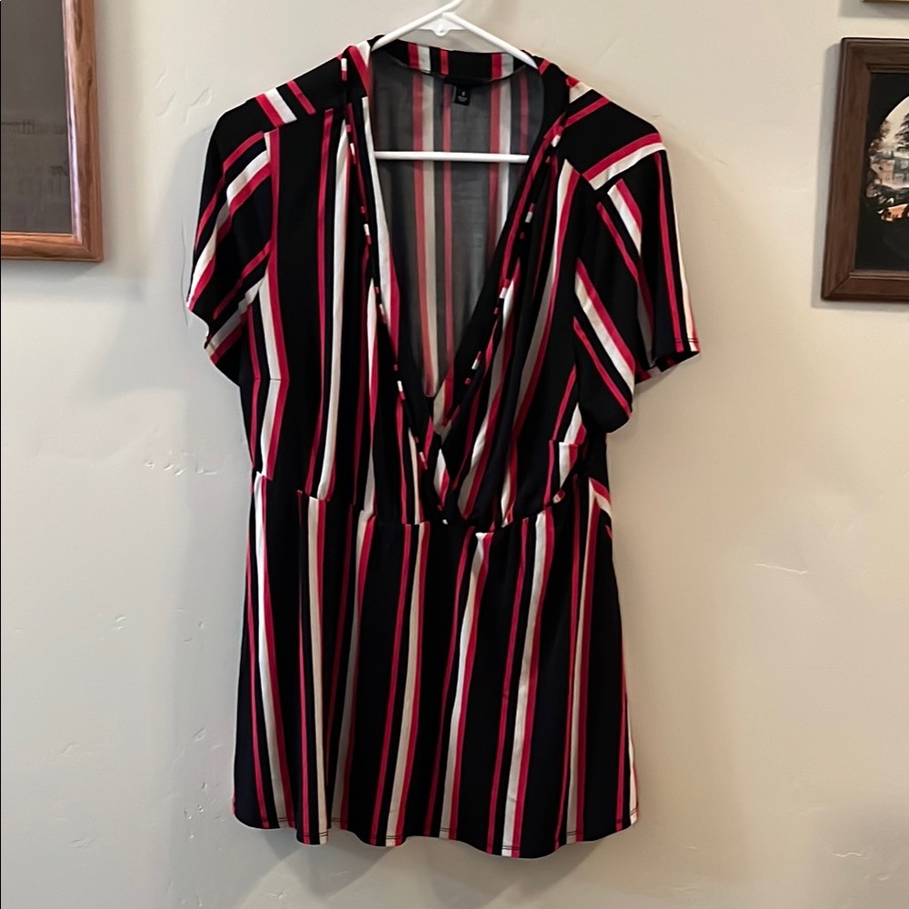 Black and Red V-Neck Flutter Sleeve Blouse